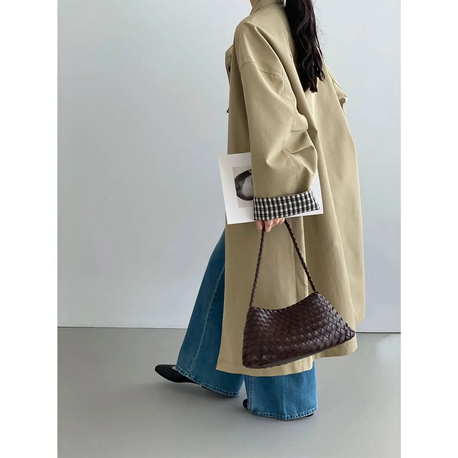 

SuperAen Retro Khaki Stand-up Collar Trench Coats Spring New Korean Style Women's Plaid Patchwork Simple Fashion Long Coats