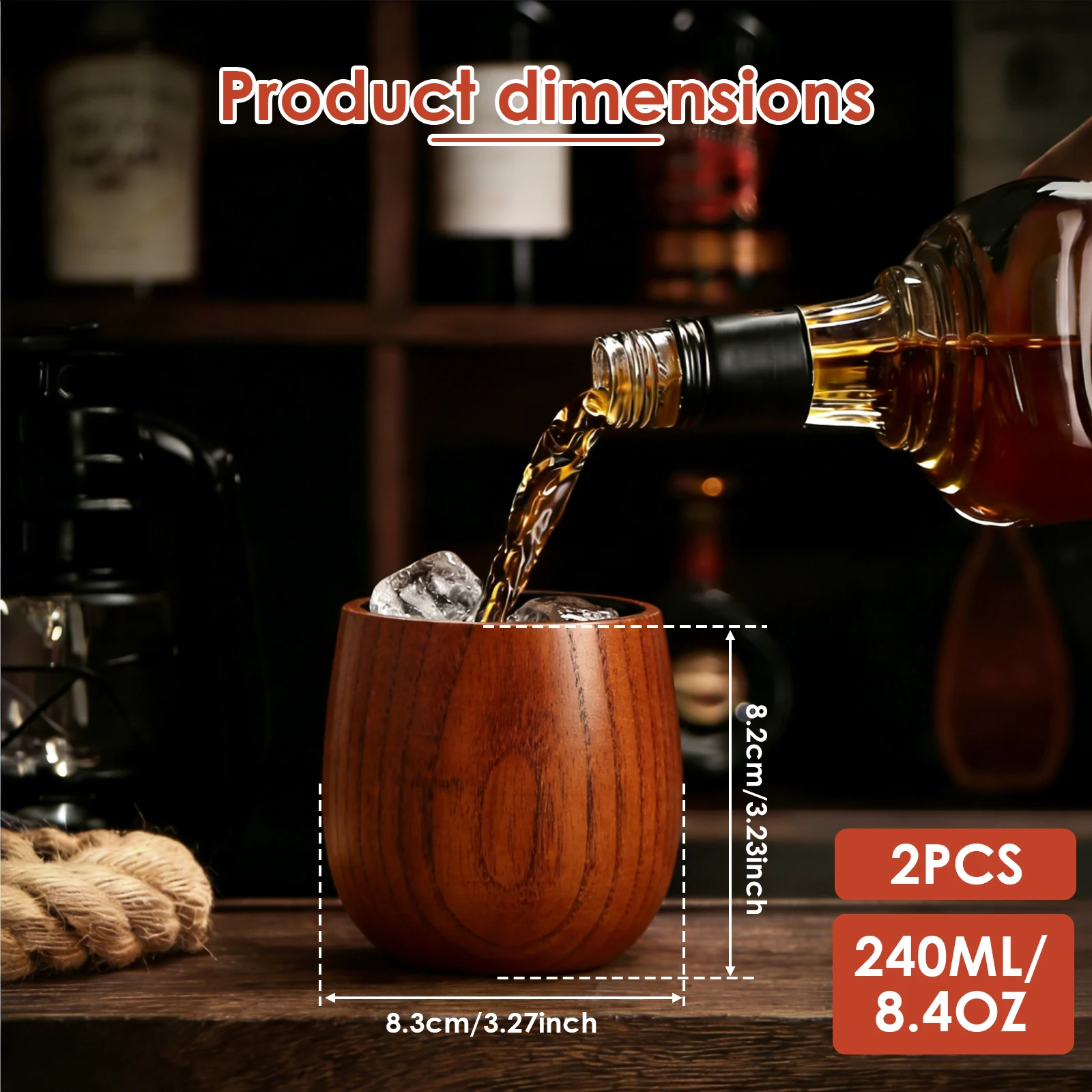 2 Pcs Wooden Wine Glass 240 ML Bourbon Whiskey Glass Handcrafted Cocktail Cup Charred Wood Whiskey Cups for Kitchen Bar Gadgets