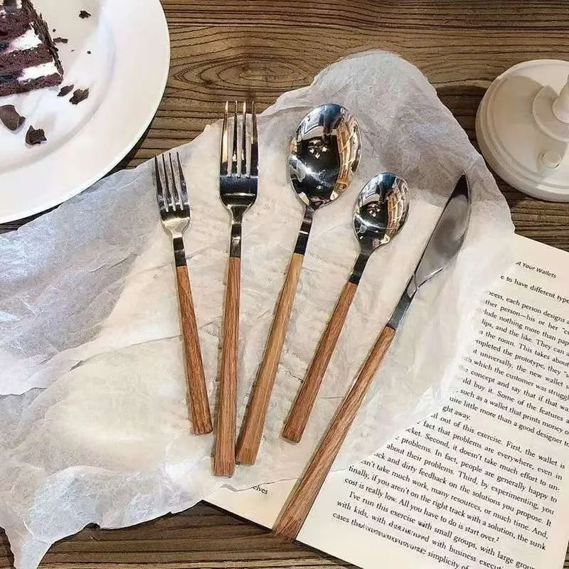 

Portable stainless steel tableware creative student wooden handle household stainless steel spoon fork Western style steak