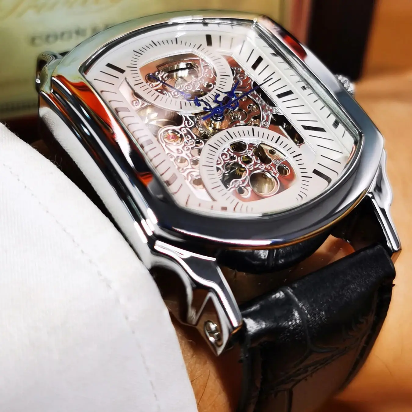 ساعات ميكانيكية للرجال من WINNER Business، مؤشرات زرقاء، هيكل عظمي غير منتظم، ساعة أوتوماتيكية للرجال، ساعة يد كاجوال بحزام جلدي #6