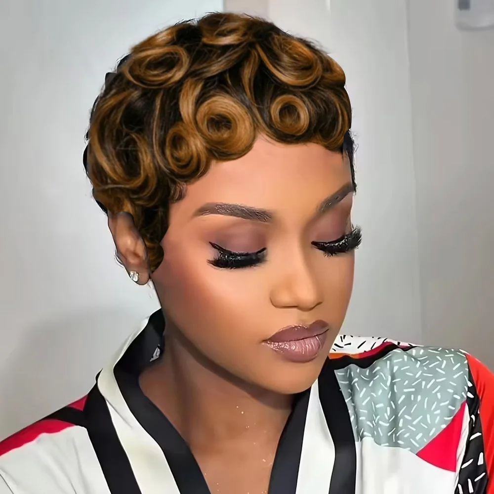 Women's Human Hair Pixie Cut Wig full machine made - Short Layered Curly with Bangs, Natural Black 250% Density image 3