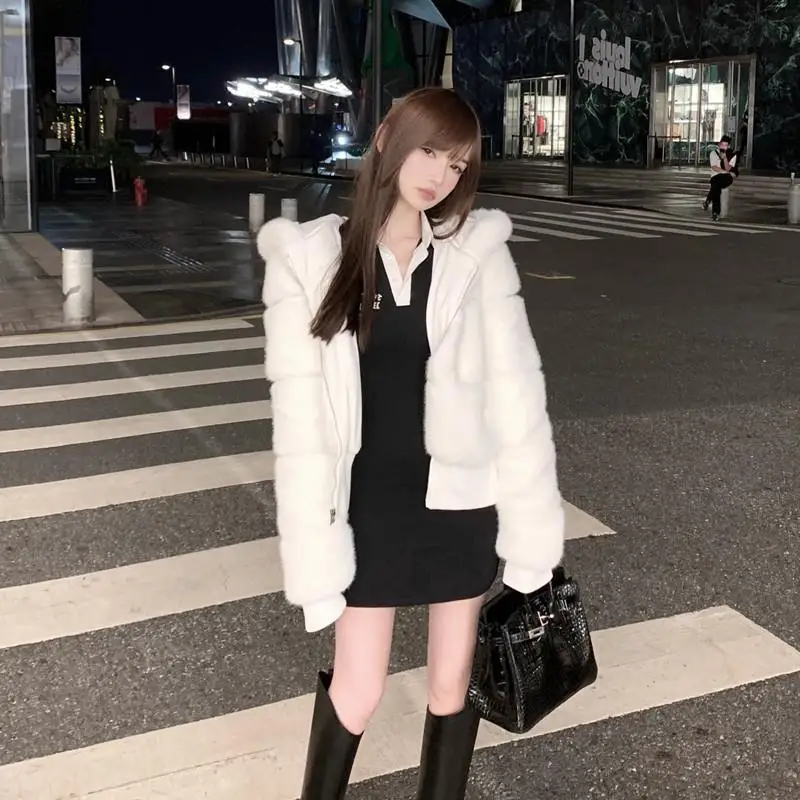 2023 Autumn/Winter New Danish Mink Faux Fur Coat Women's Hooded Long Sleeve Young Korean Version Spliced Mink Fur Coat