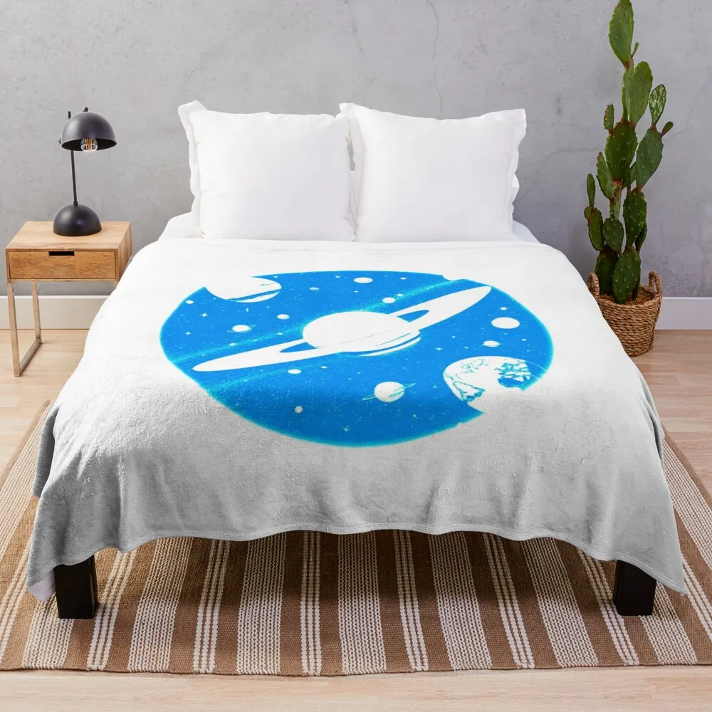 Saturn Solar System Blue White Summer Vibe Throw Blanket Bed Fashionable Beautifuls Retros Blankets