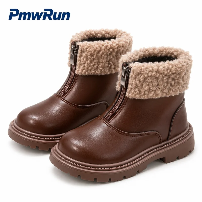 PU Leather Winter Boots For Girls Trend Fashion Waterproof Teenager Kid's Snow Footwear Anti-slippery Outdoor Padded Cotton Shoe
