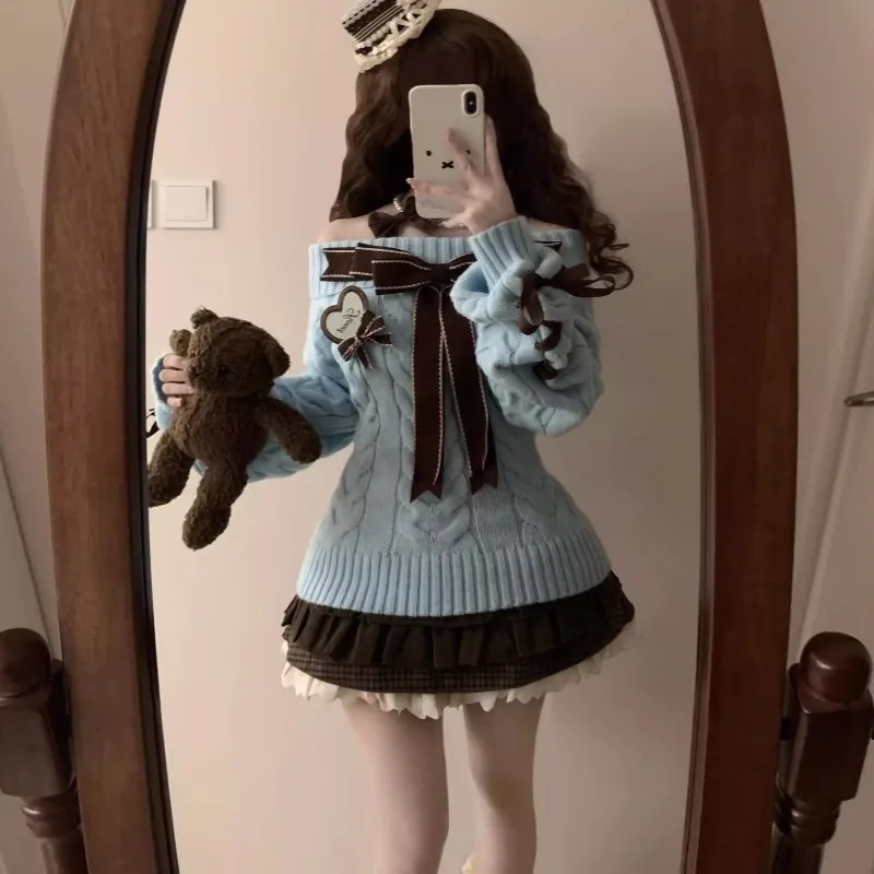Herbst Winter Sweet Lolita 2-teiliges Rock-Set Damen Kawaii Schulterfrei Schleife Strickpullover Sexy Mini-Tüllrock Anzug Y2K Outfits