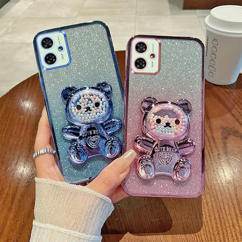 

For MotoG54 5G Luxury Gradient Glitter Plating Bear Holder Phone Case For Motorola G54 54 5G Silicone Back Cover Moto54