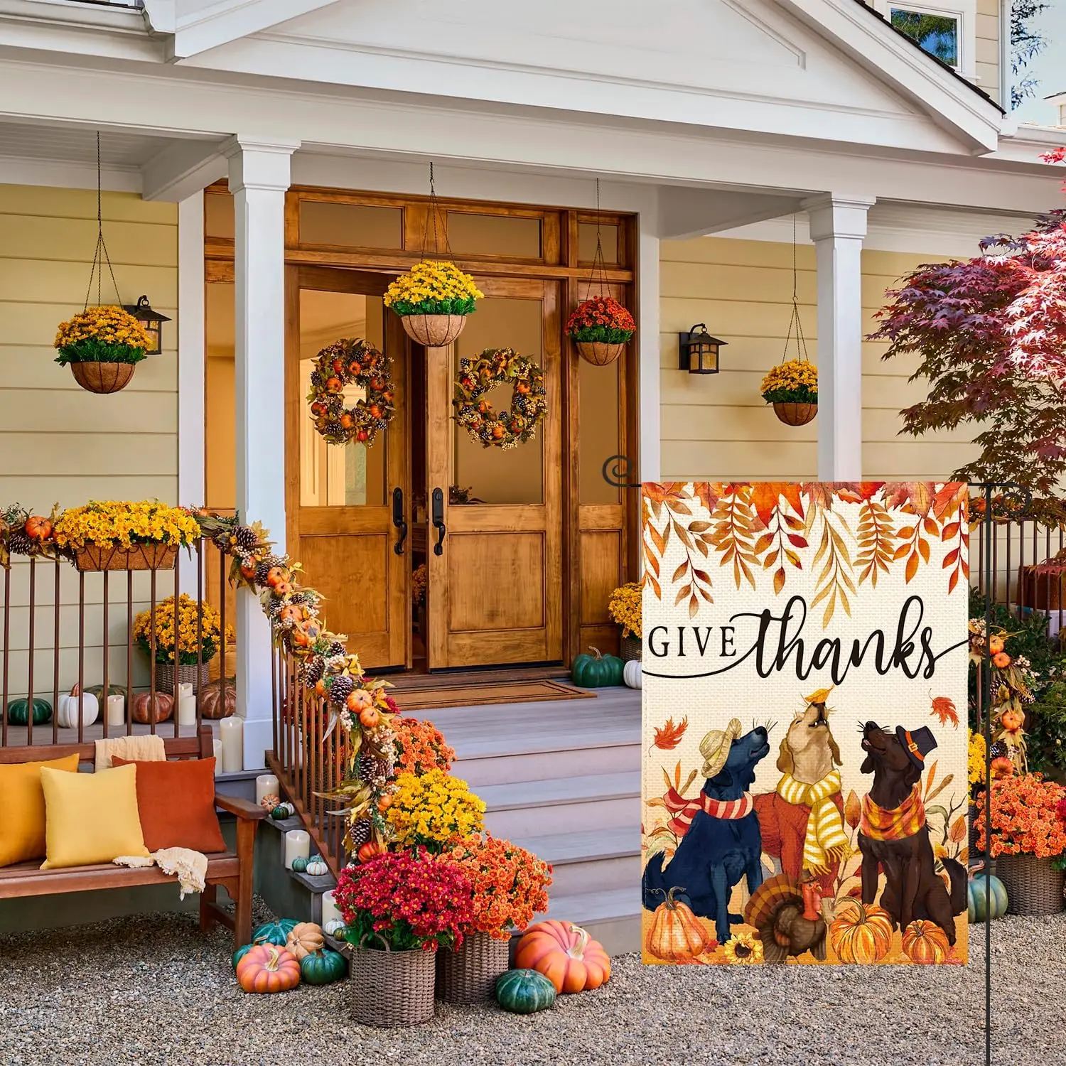 AVOIN colorlife Give Thanks Fall Thanksgiving Garden Flag 12x18 Inch Dog Pumpkin Turkey Double Sided, Harvest Holiday Yard Outdo