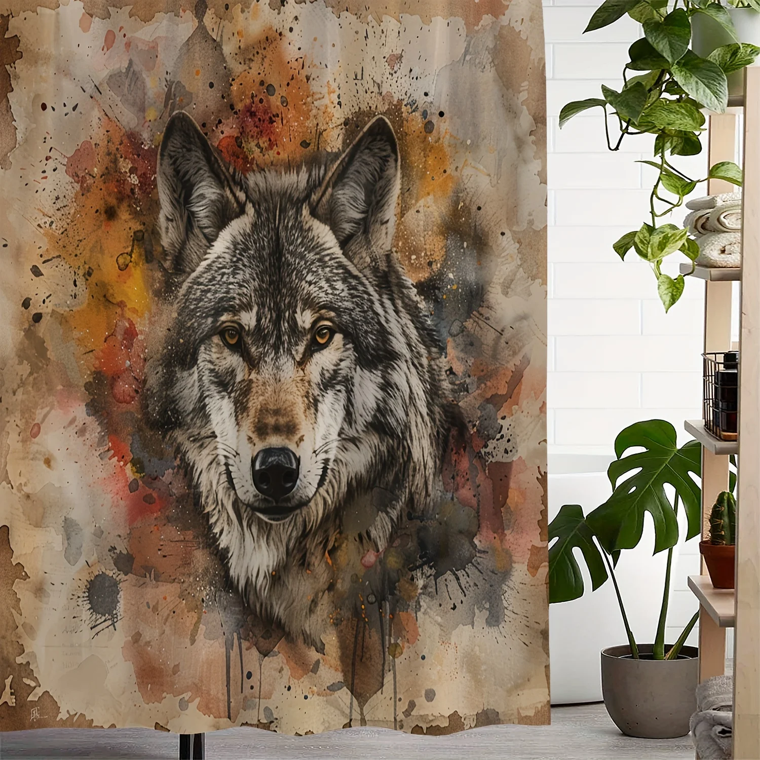 Vintage Ink Splatter Wolf Print Shower Curtain with 12 Hooks - Waterproof Polyester, Artistic Home Decor for Bathroom, Window Cu