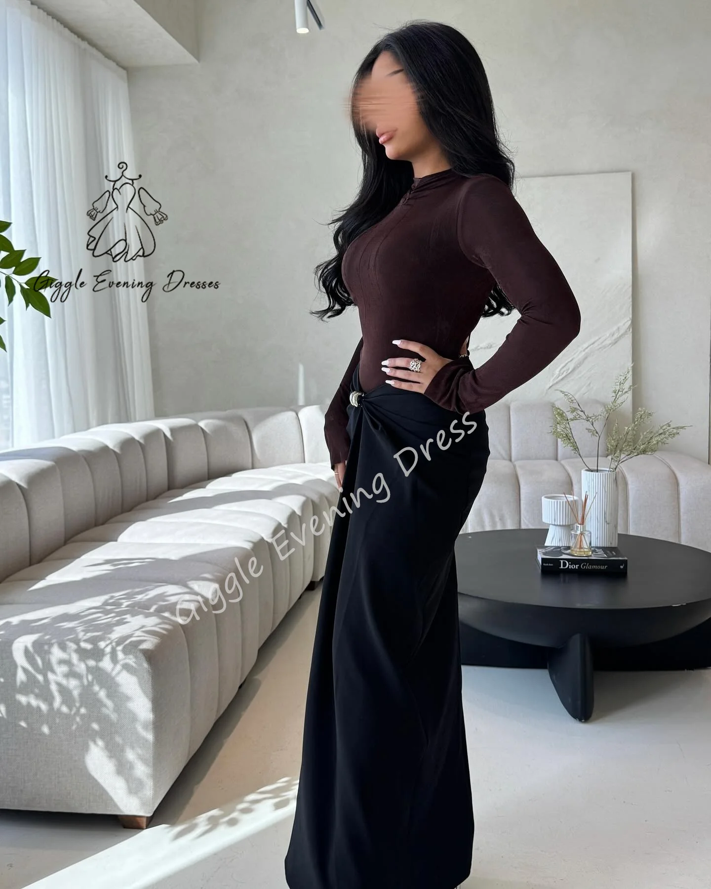 Giggle ที่กําหนดเองแฟชั่นคอยาวแขนยาวกระชับสัดส่วนเอวสูง Patchwork พับกระโปรงหญิงใหม่ชุดราตรีสีดํา