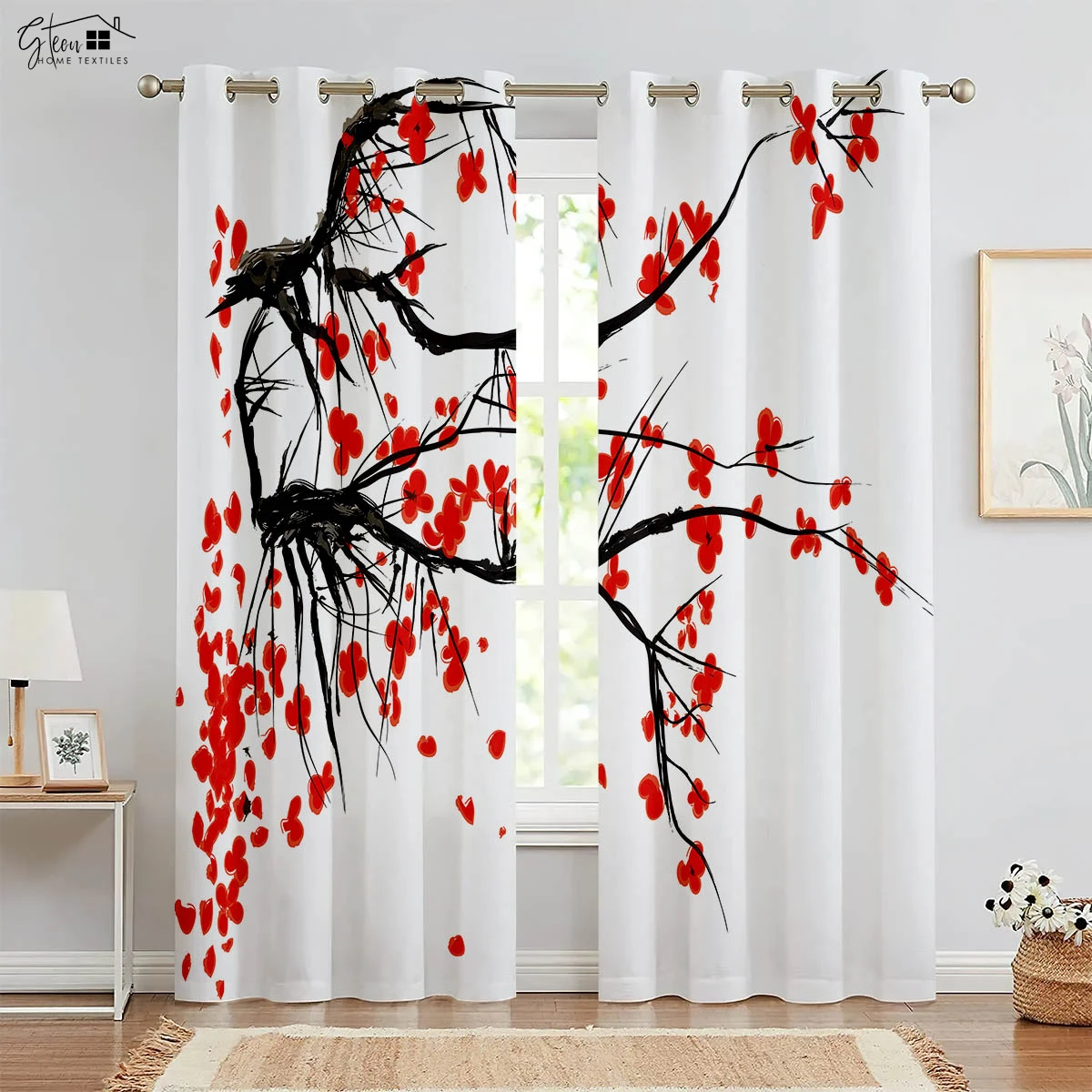 

Chinese Landscape Painting Curtain Ink Painting Mountains Sunset Sea Of ​​Clouds Plum Blossom Study Tea Room 3D Printing Curtain