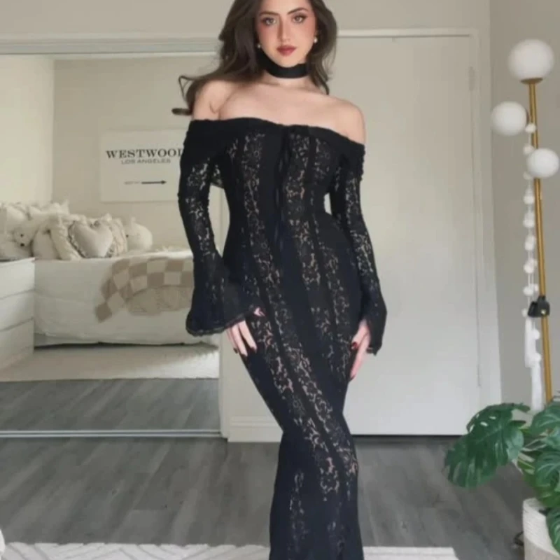 Abito lungo svasato a maniche lunghe con taglio elegante Abito lungo da donna con lacci scava fuori con spalle scoperte Abiti aderenti 2025 Lady Outwear Vestido