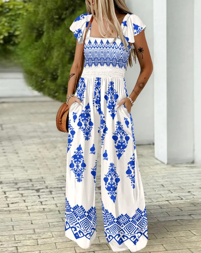 Women's Jumpsuit Fashion Spring Summer Floral Print Ruffles Strap Shirred Jumpsuit Casual Pocket Design Boho Romper