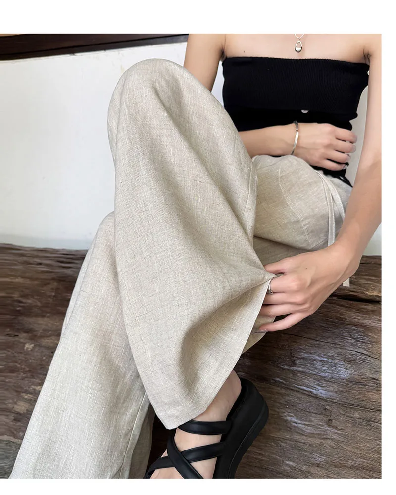 Fengbaoyu Natural 100% Linen Women's Pants Loose Laced Wide Leg Pants Suitable for Outdoor Travel, Leisure Comfortable and Cool