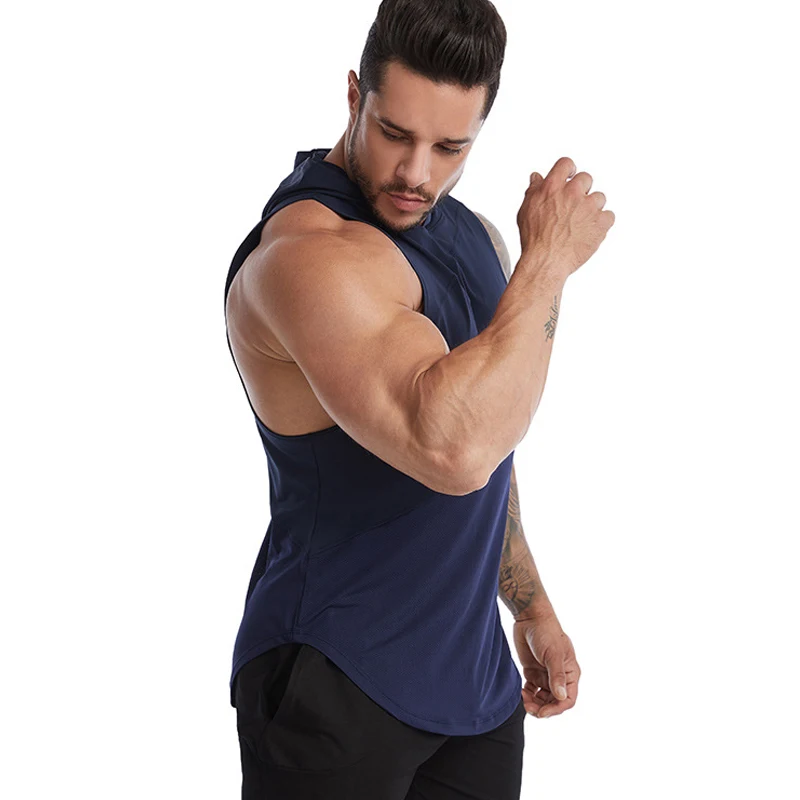 2022 Summer Bodybuilding Hooded Tank Tops Men Quick Dry Gym Fitness Vest Sleeveless Shirt Workout Running Singlets Personalized