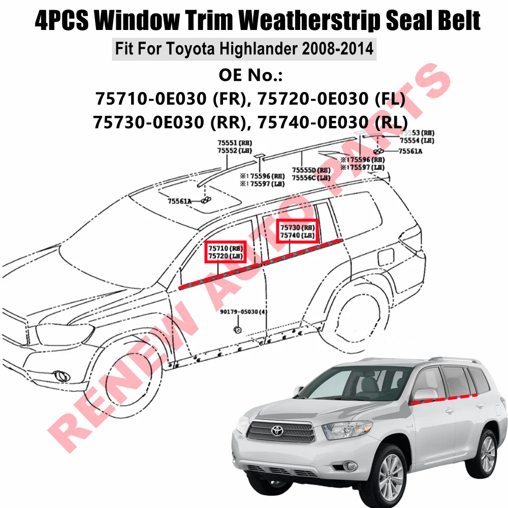 Car Window Moulding Trim Weatherstrip Window Seal For Toyota Highlander 2008-2014 Replaces# 75710/75720-0E030 75730/75740-0E030