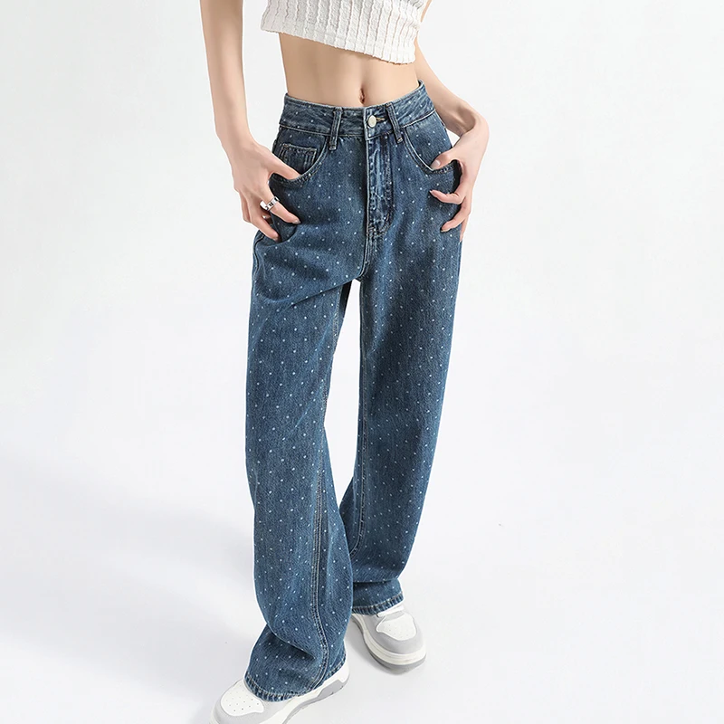 Washed Straight Wide Leg Jeans for Women Retro High Waist Loose Polka Dot Casual Boyfried Denim Pants Mom Jeans Female 2024 New