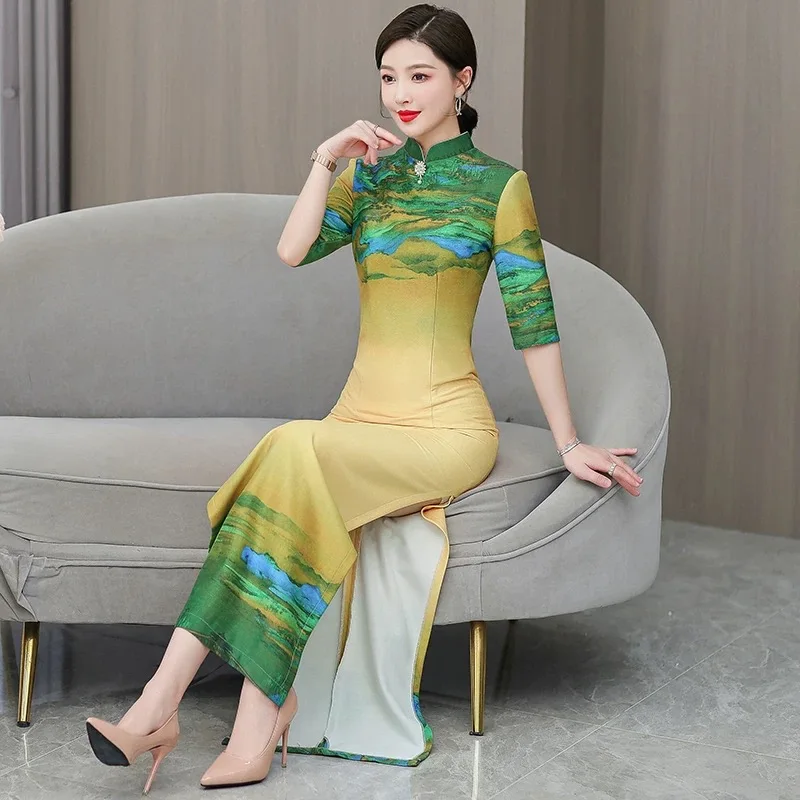 

Летнее женское вьетнамское винтажное платье Cheongsam с восточным цветочным принтом для банкета, вечернего народного танца, платье Aodai, костюм для сценического шоу