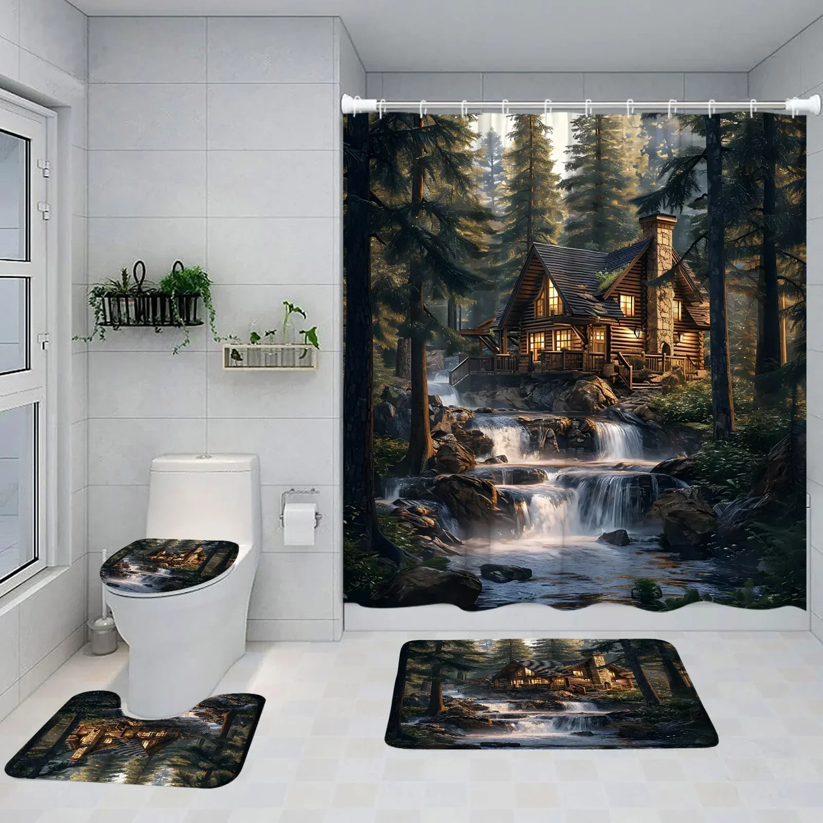 Forest Nature Shower Curtain Set Waterfall Stream Falling Leaf Natural Scenery Bath Decor Landscape Bathtub Rug Toilet Lid Cover