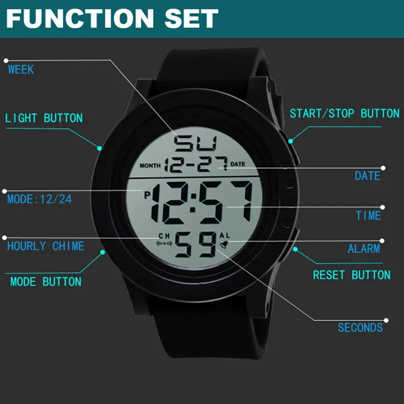 YIKAZE Sports Watch Big Dial Sweatproof Fitness LED Digital Watch Multifunction Electronic Wristwatch for Men Kids Student Gifts