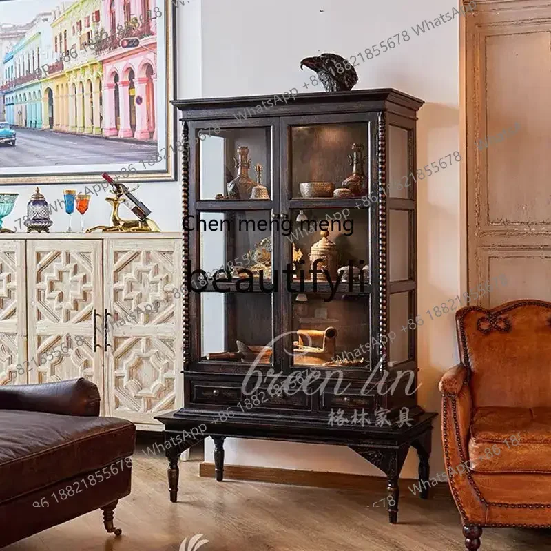 

French retro glass wine cabinet medieval decorative double door display cabinet/dining side cabinet6220