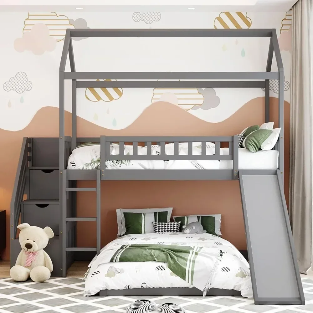 Camas de beliche com beliche duplo de madeira deslizante com escadas para crianças, beliche de casa com telhado para meninos ou meninas, camas Muebles De Dormitorio