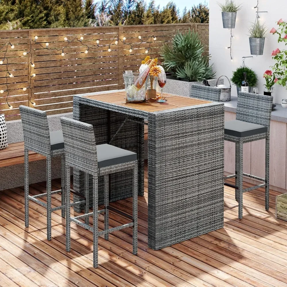

5 Pieces Outdoor Patio Wicker Bar Set, 4 Bar Height Chairs, Non-slip Feet and Grey Removable MATS