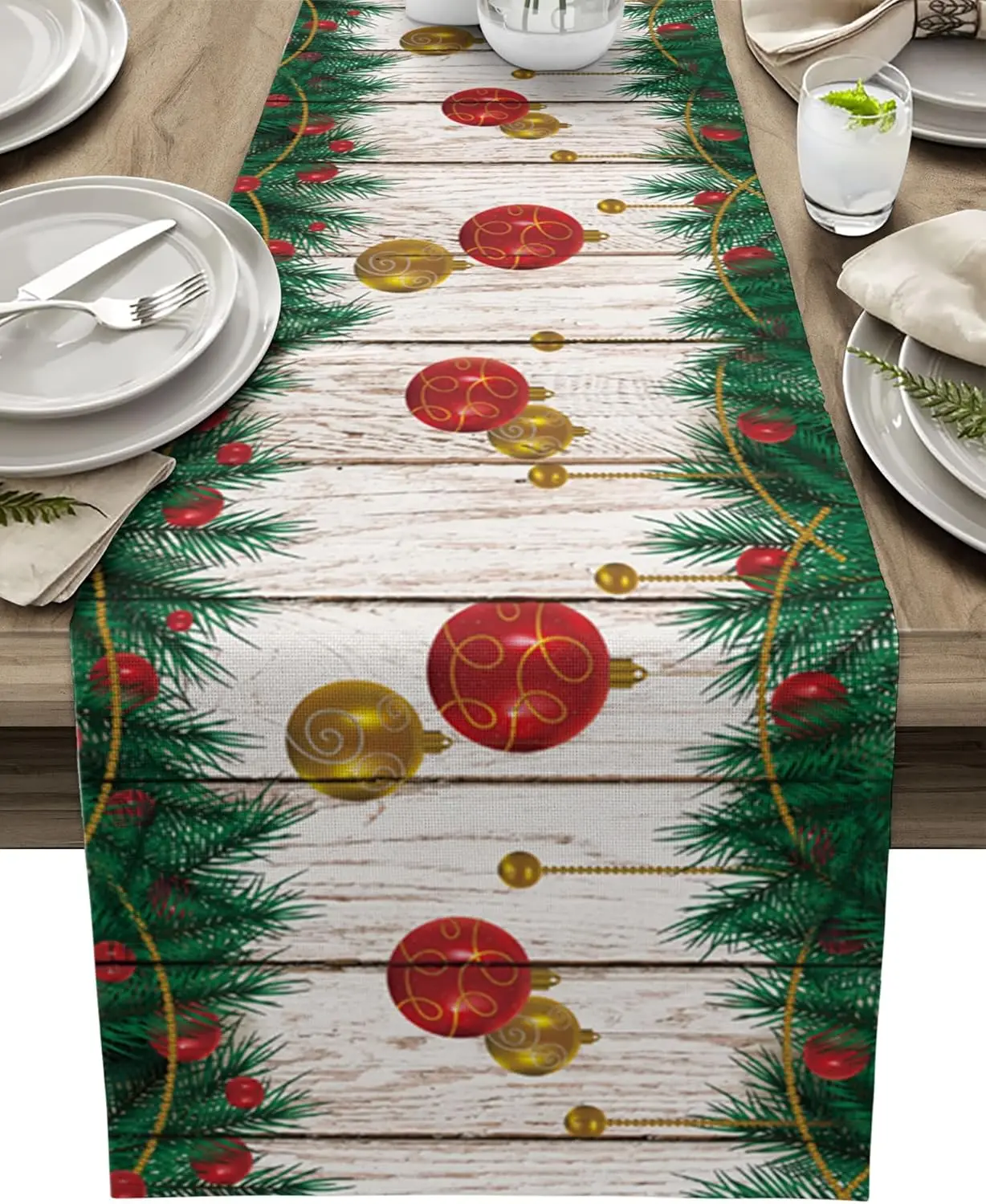 Christmas Yellow Xmas Balls Pine Berry Decorative Linen Table Runners Holiday Party Decorations Durable Dining Table Runners