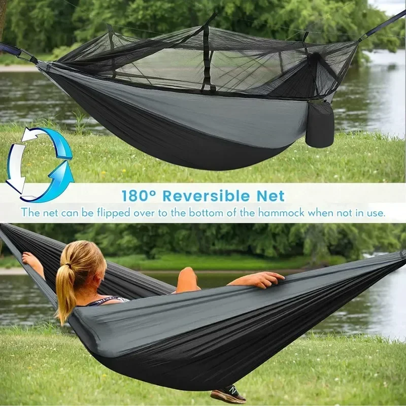 Camping Hammock with Net, Lightweight Portable Double Parachute Hammocks, High Capacity & Tear Resistance for Backyard,Hiking