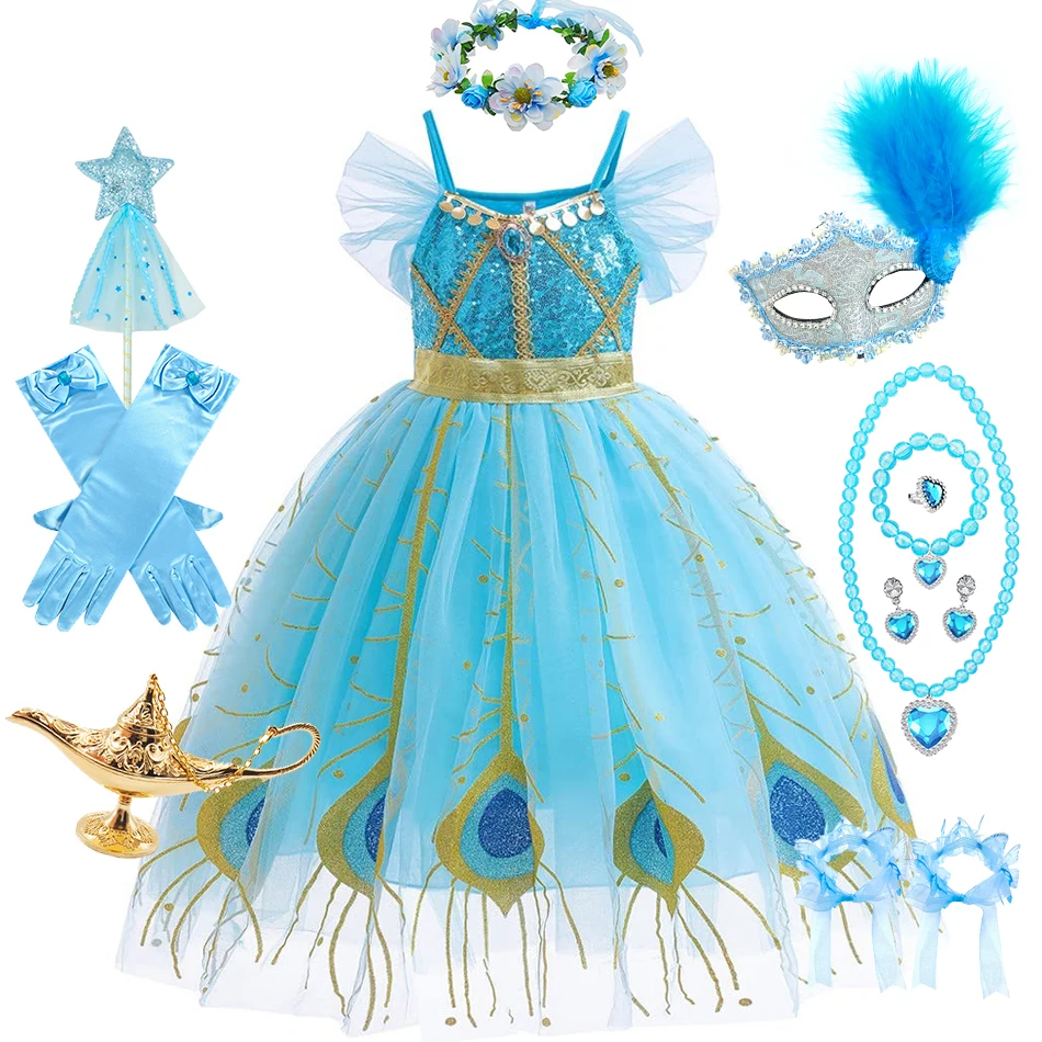 Jasmine Dress For Baby Girls Cosplay Aladdin Birthday Party Carnival Halloween Kid Masquerade Gown Prom Elegant Children Costume 