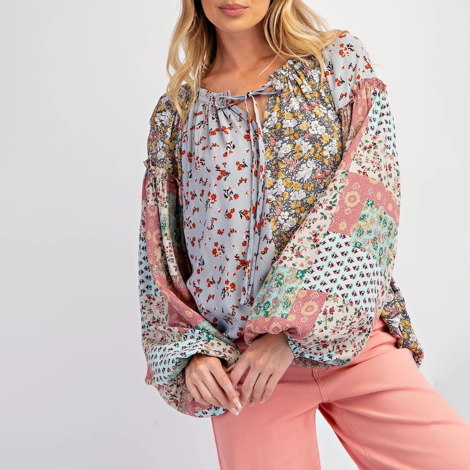 Women’s Floral Print Tops Long Sleeve V Neck Tie-up Front Patchwork Boho Shirts Spring Fall Blouses