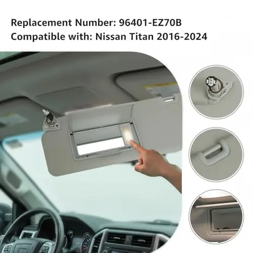 

Left Driver Sun Visor With Integrated Vanity Light For Nissan Titan 2016–2024, QX56 & Armada 2004–2014, Part 96401-EZ70B