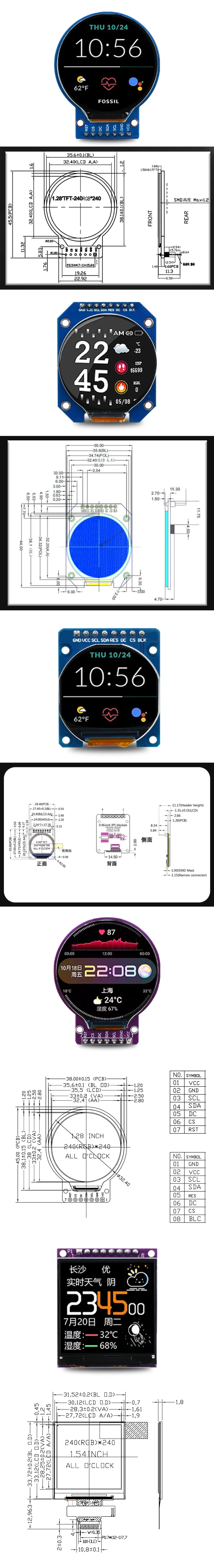 Snvi 1,28 Zoll TFT LCD Display Modul IPS Rund Quadratisch 240x240 SPI GC9A01 Farbbildschirm Kompatibel mit Arduino ESP32 für DIY – Detail 3