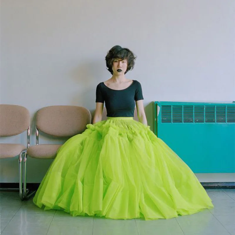 

Green Tulle Puffy Skirts Women Birthday Wedding Party Skirt High Street Elastic Waistband Saias Ruffles Long Skirts For Lady