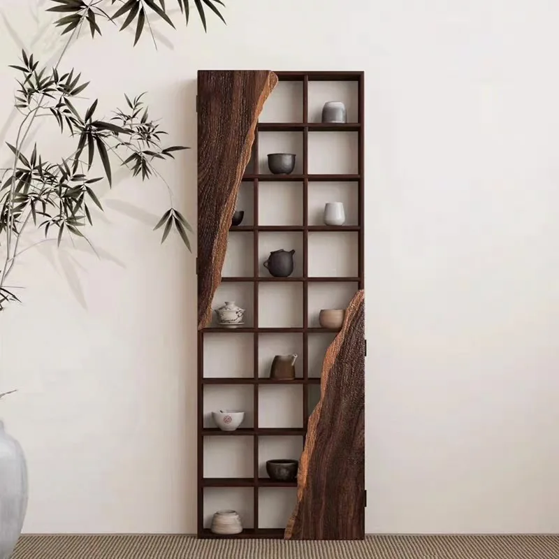 Quiet wind living room solid wood wall-mounted bookshelf floor-to-ceiling reading old elm multi-layer antique vase display shelf