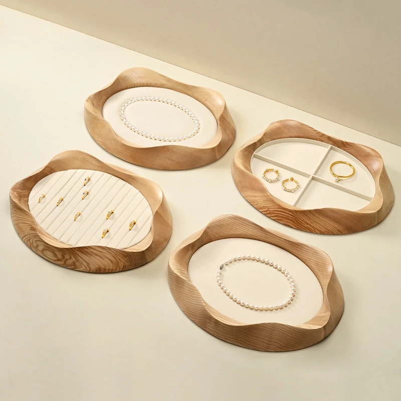 

Beige/dark Coffee Solid Wood Pearl Jewelry Tray Ring Necklace Earrings Look Tray Bracelet Jewelry Display Props