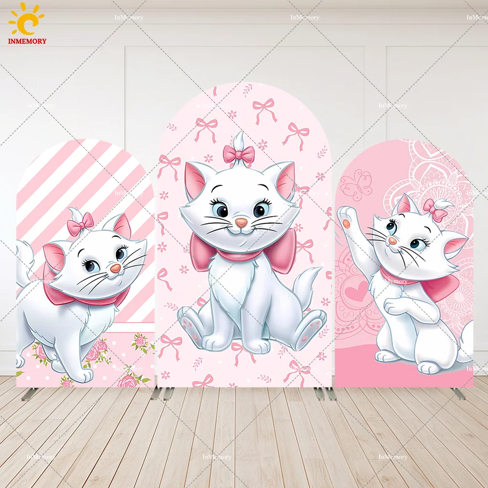 

Pink Marie Cats Girls Birthday Party Arch Wall Panels Banner Decor Pink Bow Stripes Baby Shower Arched Backdrop Cover 2-Sided