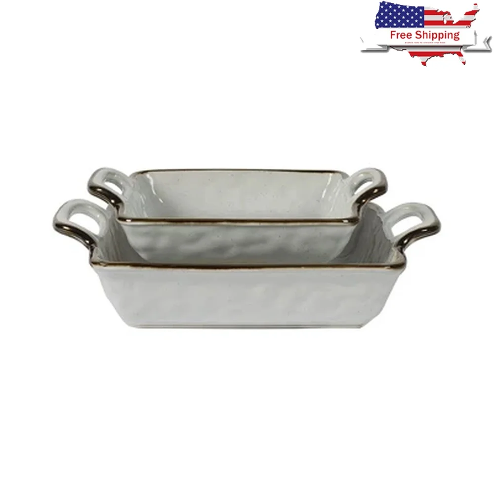 

2pc Stoneware Geneva Nesting Baking Dish Set Dishwasher Microwave Safe Rustic Modern Bakeware Kitchen Table Use