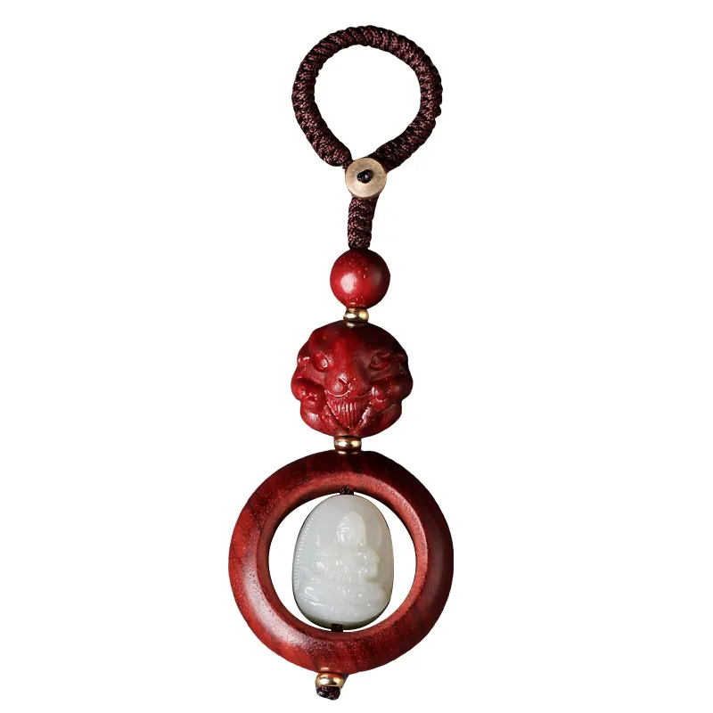 Red Sandalwood Chinese Zodiac Car Keychain Natural Hetian Jade Eight Patron Saints Phone Case Pendant Gifts