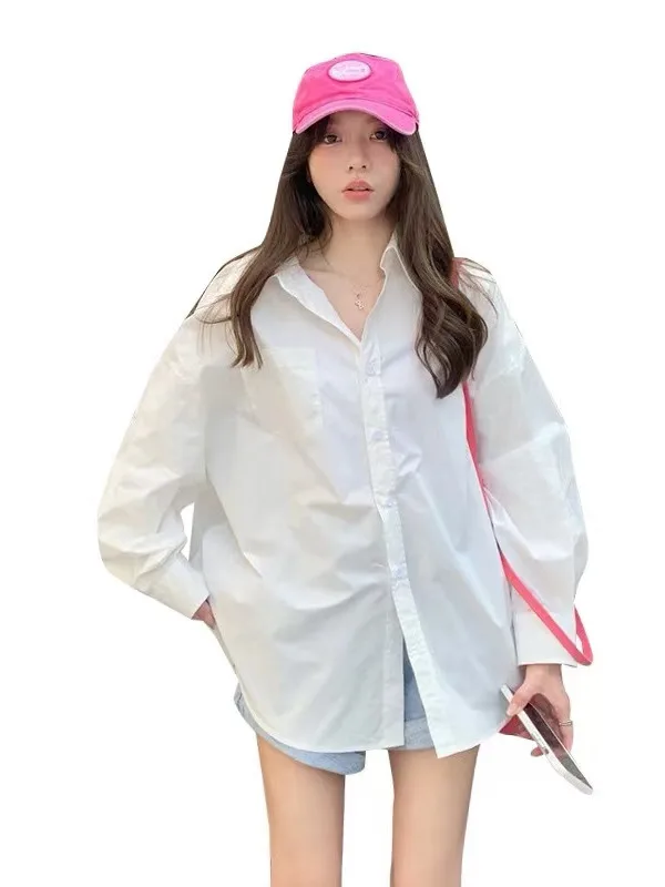 

White Long Sve irt Women's Summer 2025 New Trendy Ele Outerwear Loose Top Casual Sle Pure Color Button Closure