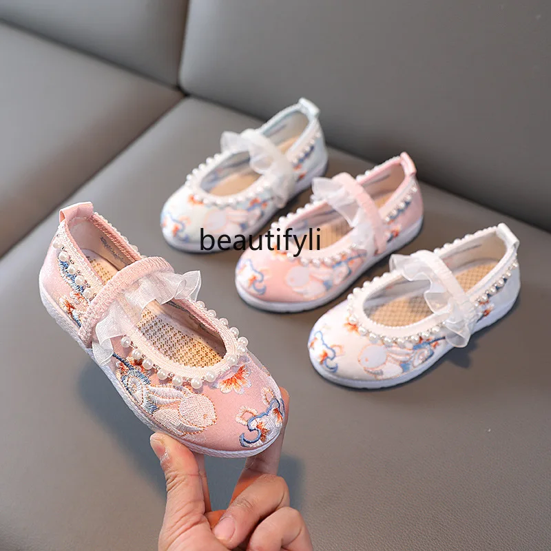 

Shoes for Han Chinese Clothing Girls' Embroidered Shoes Spring Pearl Lace Princess Shoes Chinese Style