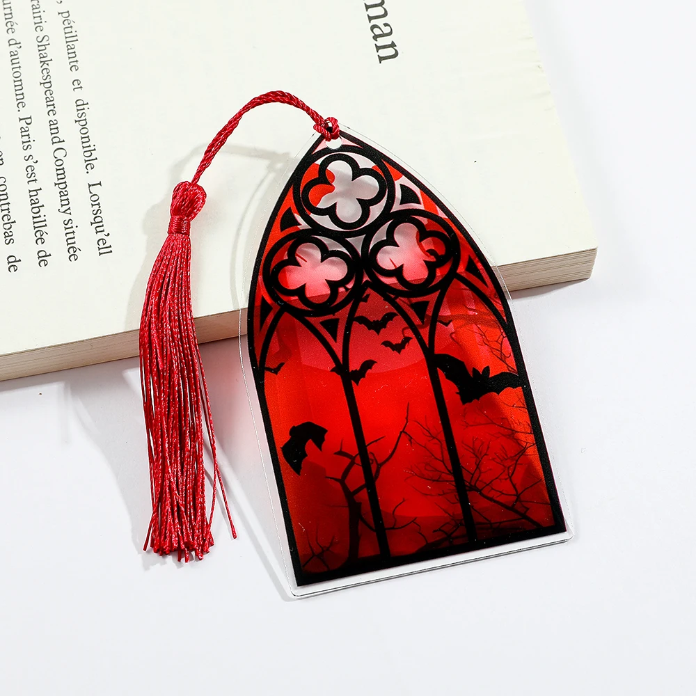 قطعة واحدة من الإشارة المرجعية الحمراء القرمزية، علامة مرجعية الخفافيش السوداء مع شرابة حمراء، هدية مثالية للمخوف أو عشاق القوطية #3