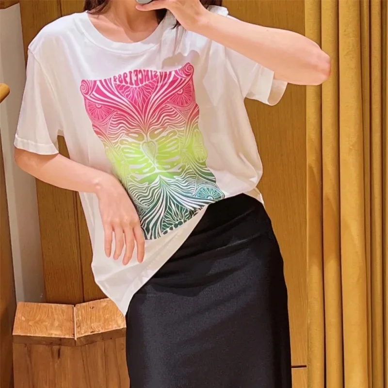 

Summer 2024 Women White T-Shirt Colorful Pattern Short Sleeve O-Neck Loose Tee Tops
