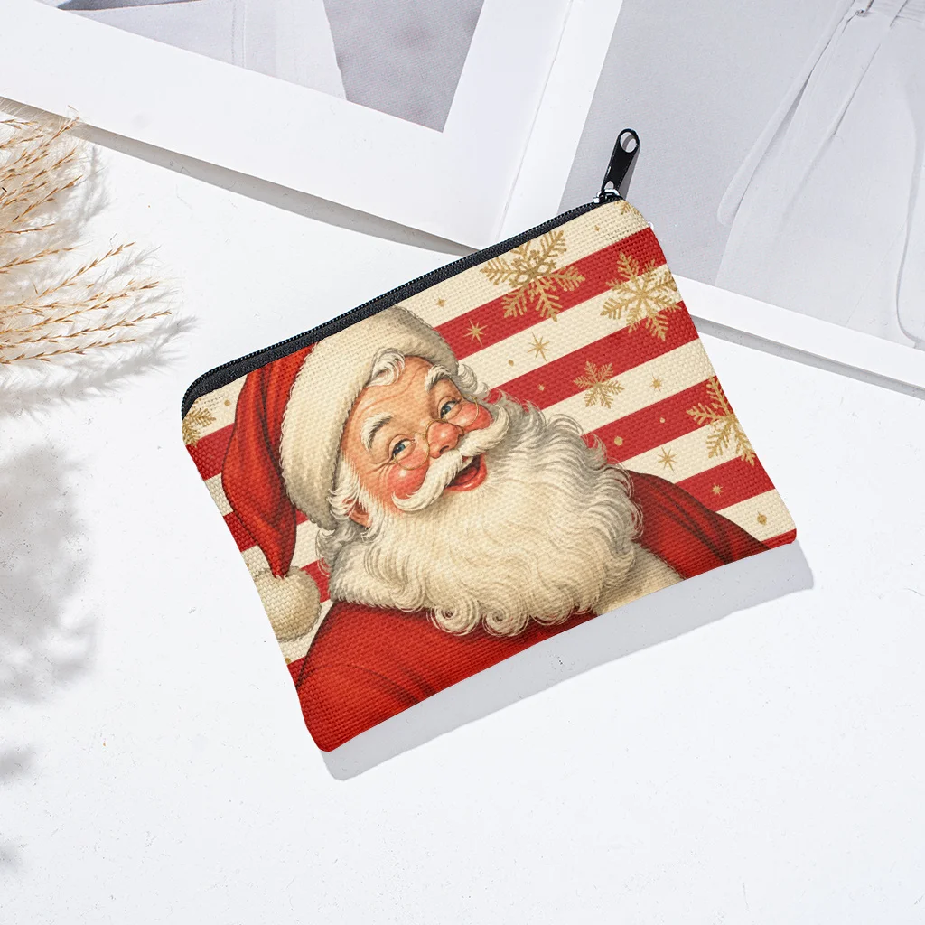 Coin Purse 1pc Santa Claus with Stripes Double-Sided Printed Mini Wallet Makeup Bag, with Zipper Closure Lightweight Durable