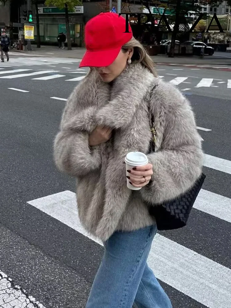 HH 여성용 가을 겨울 패션 크롭 인조 퍼 큰 라펠 재킷 여성용 숨겨진 버클 따뜻한 두꺼운 외투