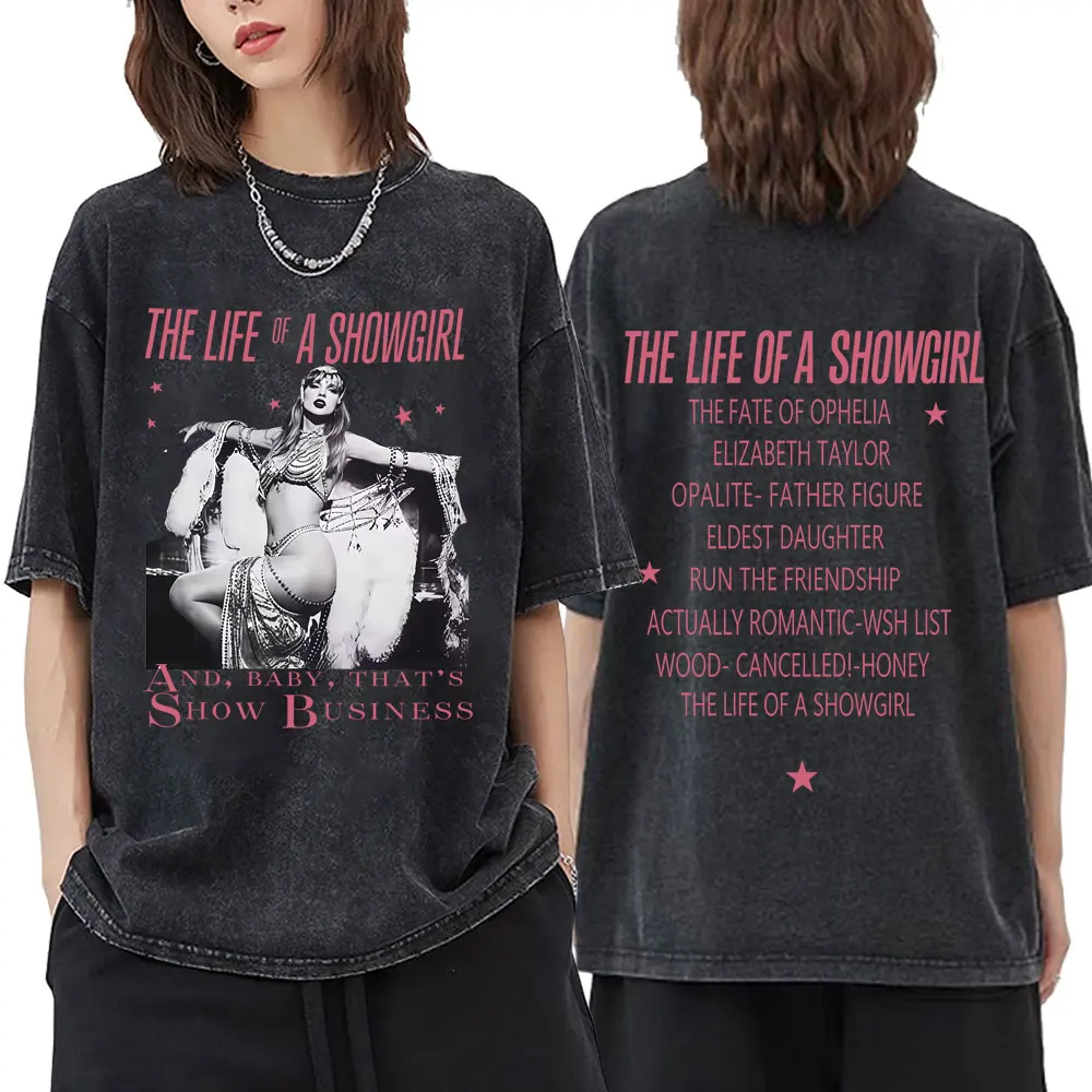 

Washed Vintage The Life of A Showgirl Album 2025 Merch T-shirt Men Women Fashion Pop Music T-shirts Unisex Cotton Retro T Shirts