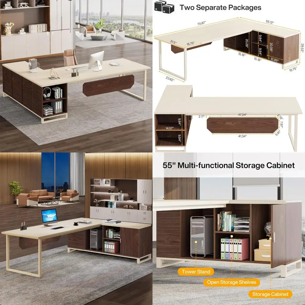 Large L-Shaped Executive Desk with Storage Cabinet and Shelves, 70.8-Inch by 55-Inch