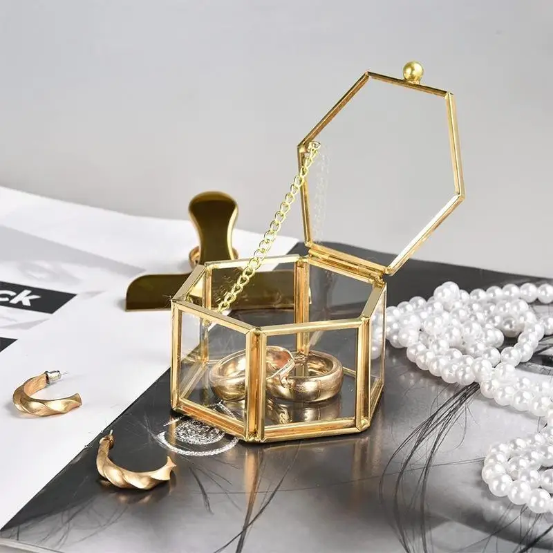 Sechseckige Ringbox Gold und Schmuckzubehörbox Goldene Glas Luxuriöse und Retro Schmuckaufbewahrungsbox – Detail 12