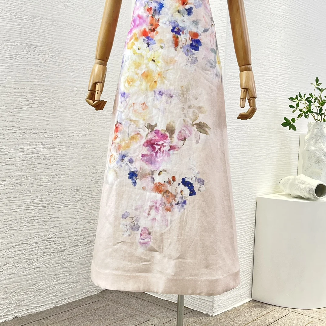 متعدد الألوان طباعة الأزهار بلا أكمام عارية الذراعين قطع الخصر فستان ميدي 2025 تصميم جديد