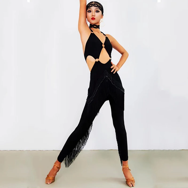 2022 New Fringed Latin Dance Pants Women Sexy Hollow One-Piece Tassel Pants Cha Cha Ballroom Dance Competition Clothing DNV17039