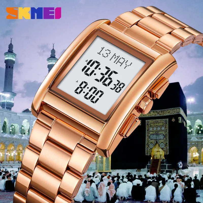 SKMEI Qibla Muslims Digital Watch Led Light Chronograph Men\'s Wristwatch Pilgrimage Time Reminder Hijri Calendar Clock for Man